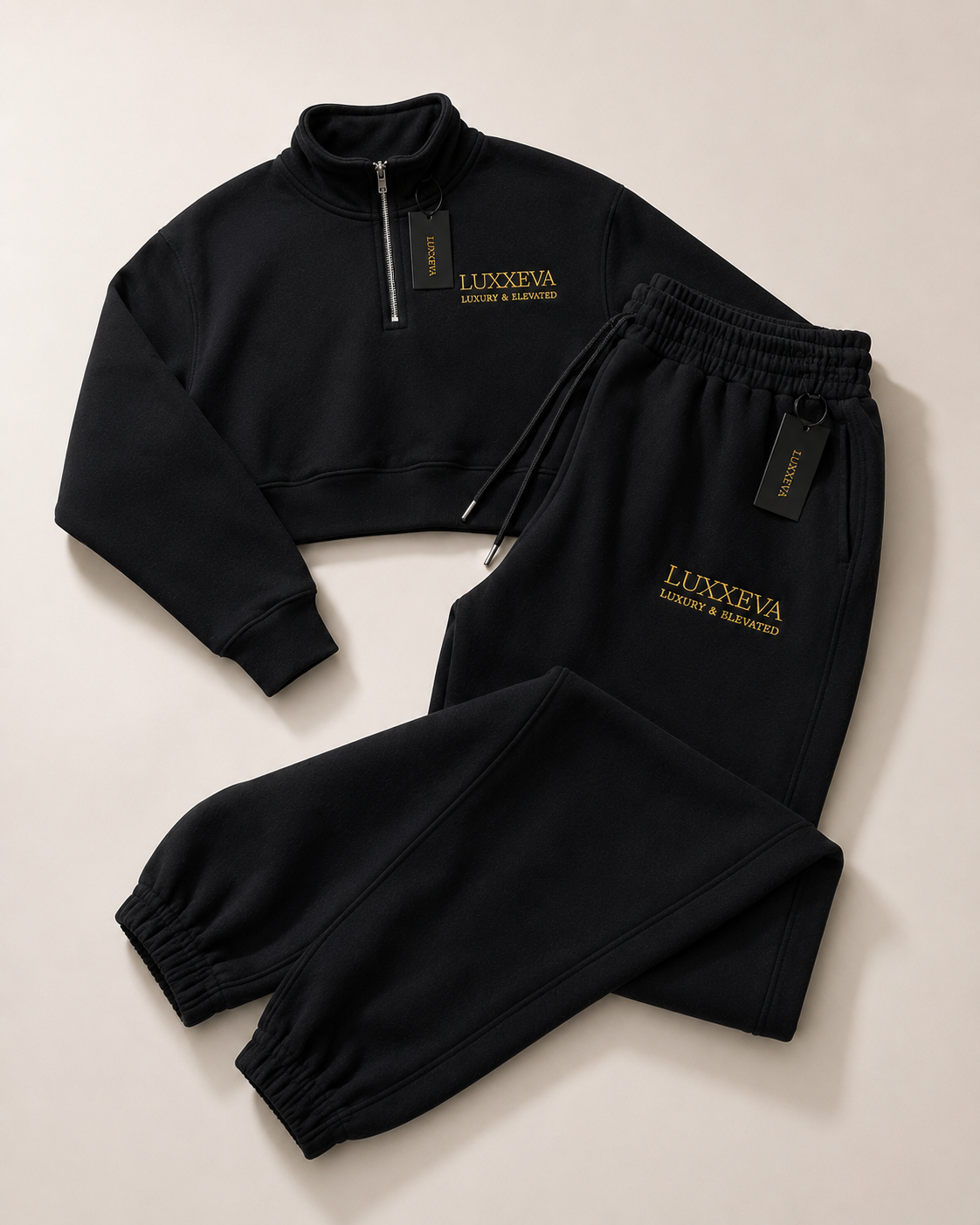 LUXXEVA Signature cropped quarter zip pant Set