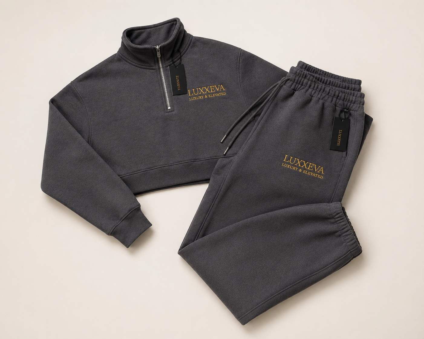 LUXXEVA Signature cropped quarter zip pant Set