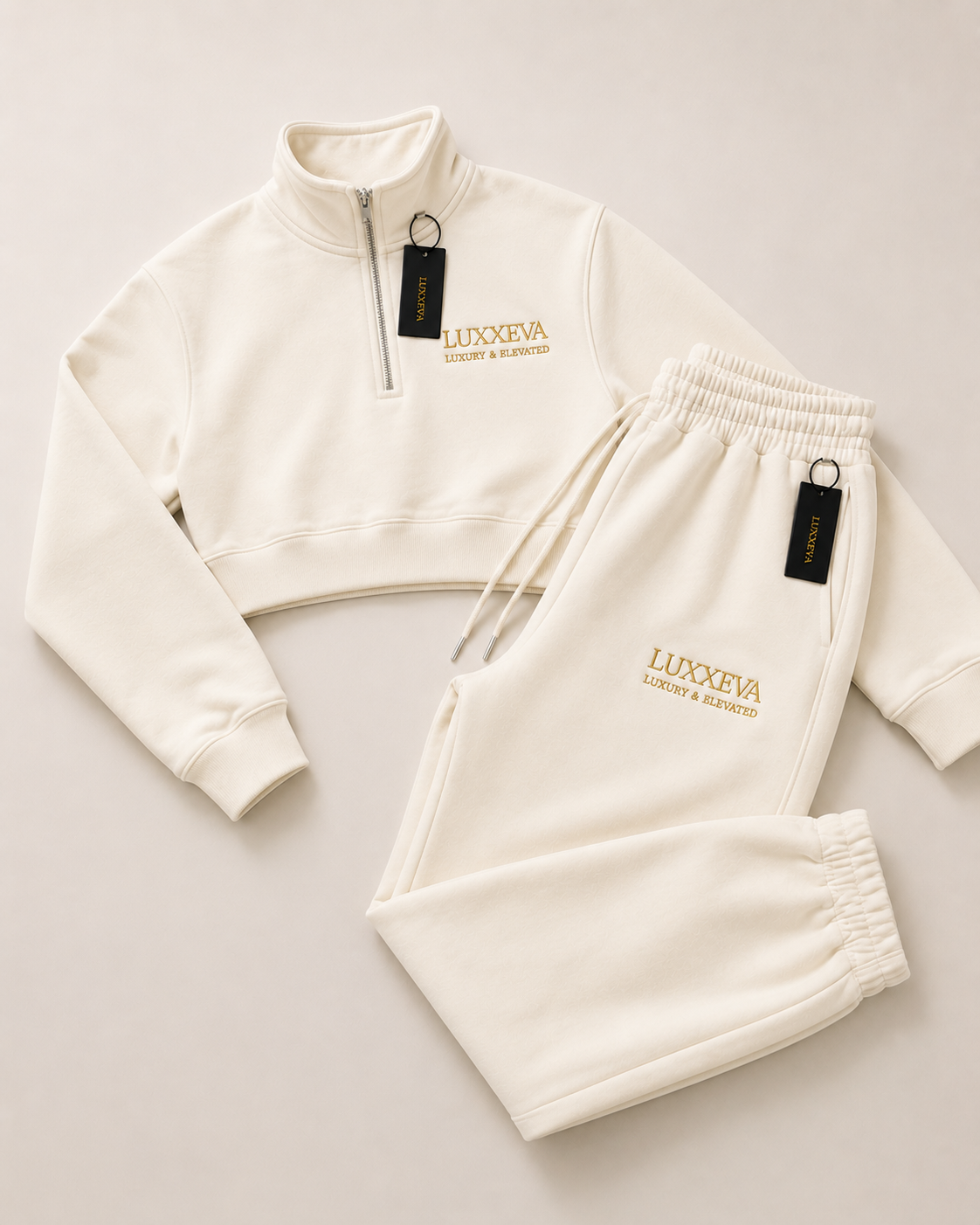 LUXXEVA Signature cropped quarter zip pant Set