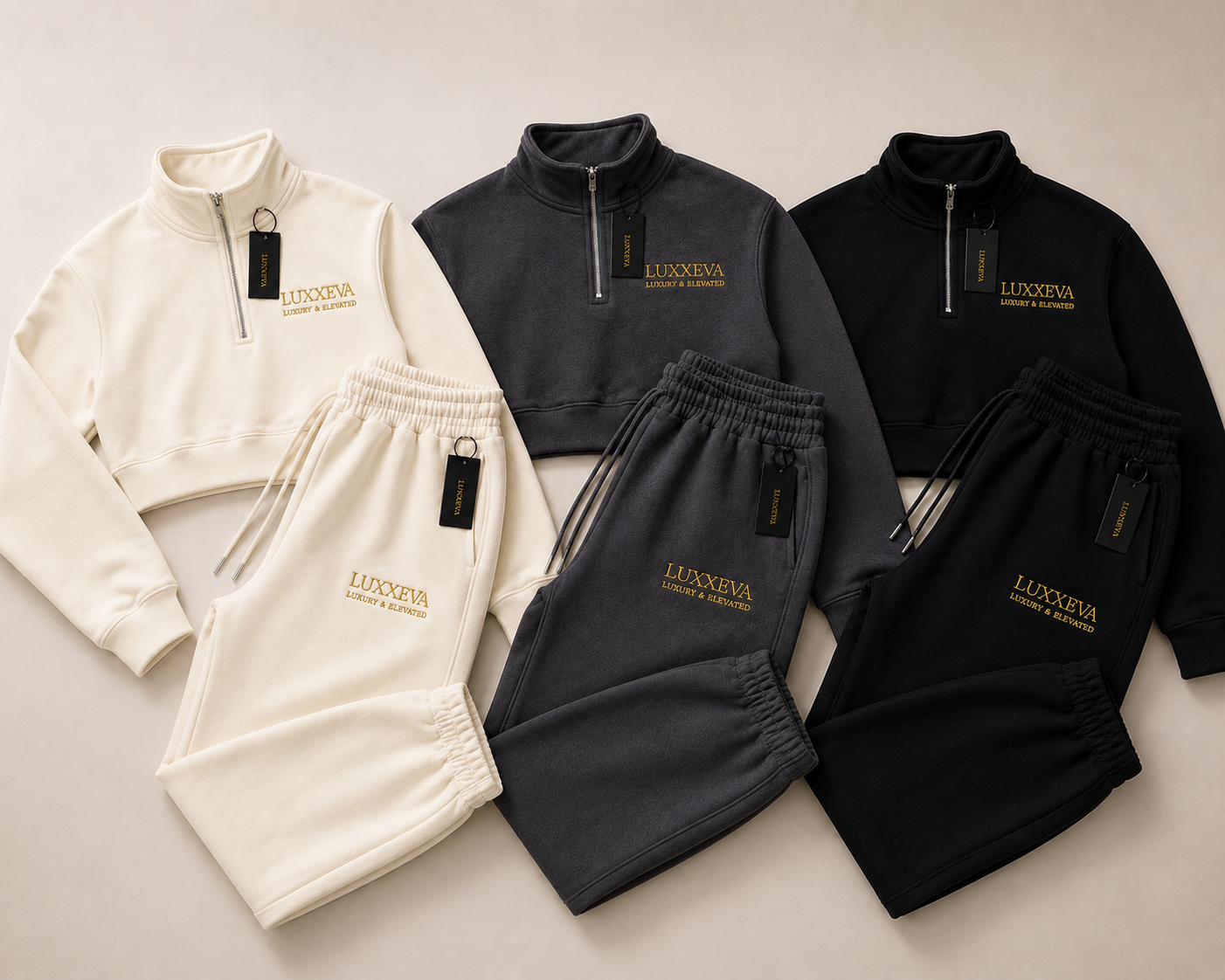 LUXXEVA Signature cropped quarter zip pant Set